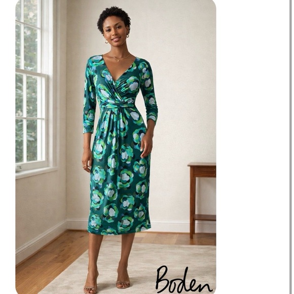 Boden Dresses & Skirts - Boden Green Blue Abstract Floral Jersey Faux Wrap Midi Dress Sz 4P 3/4 Sleeve